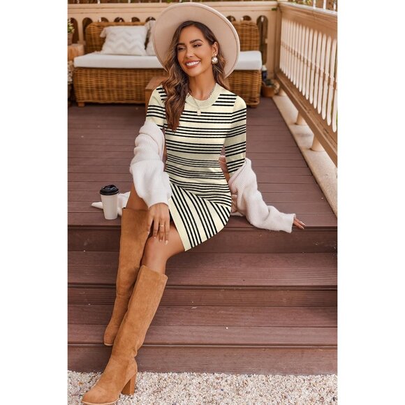 Women's Colorblock Striped Long Sleeve Apricot Black Knit Bodycon Sweater Dress - Picture 3 of 5